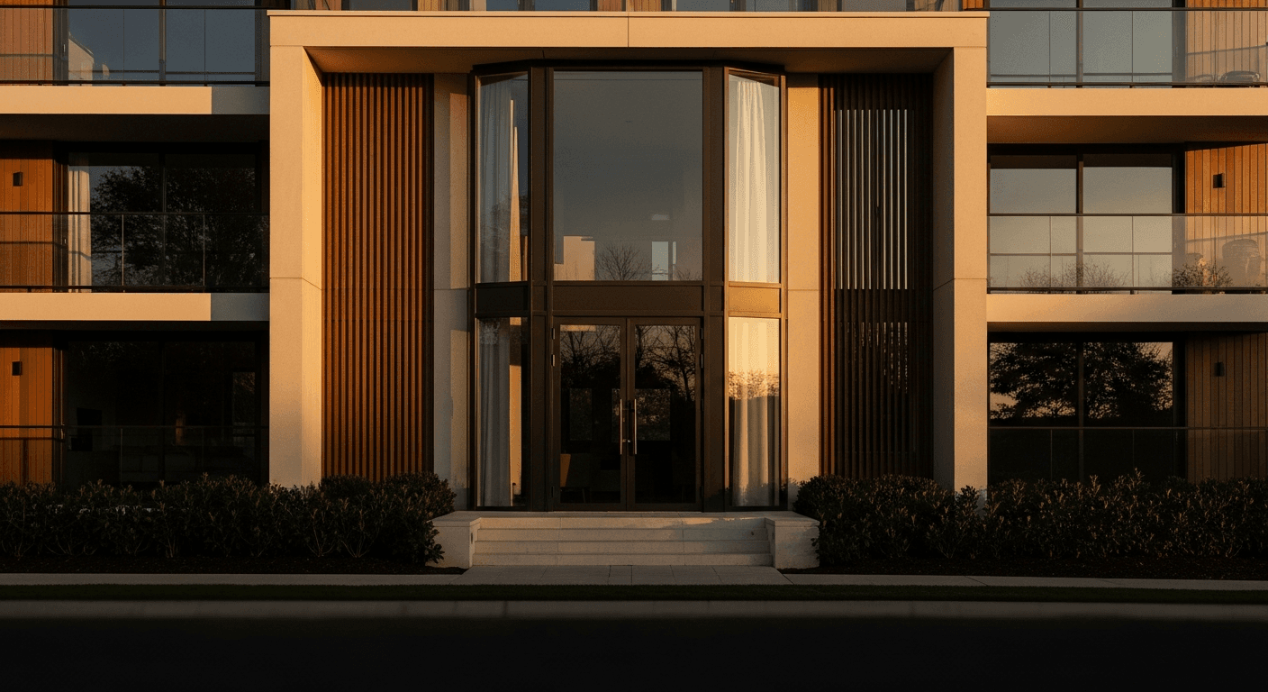 Moderne Immobilien-Fassade bei Abendsonne
